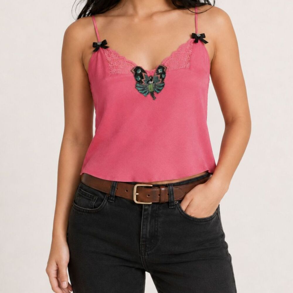 Pink Satin Butterfly Lace Camisole Top Size Medium